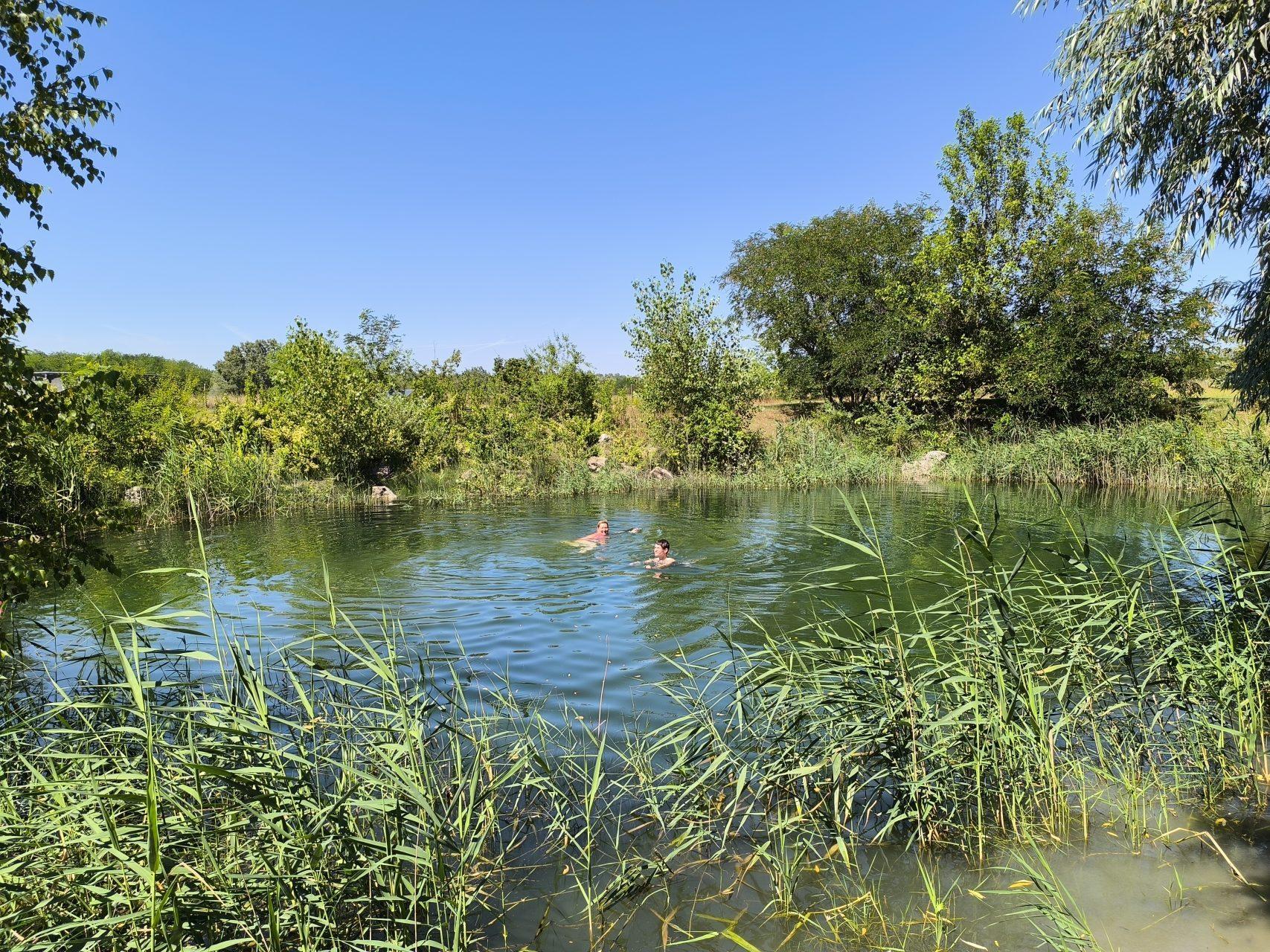 The natural swimming pond from the far shore